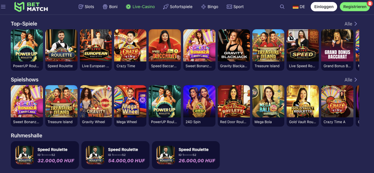BetMatch Live Casino Top-Spiele Evolution Gaming