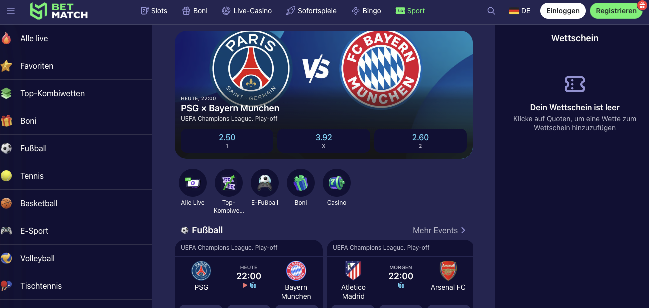 BetMatch Sportwetten – Champions League Fußball PSG Bayern